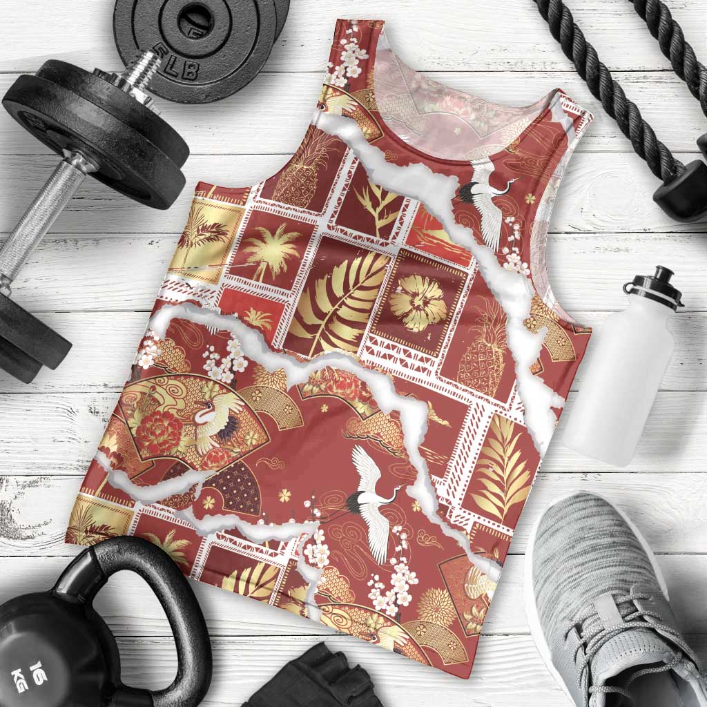 Hawaii Japanese Culture Red Men Tank Top Spring Cranes Aloha Pattern