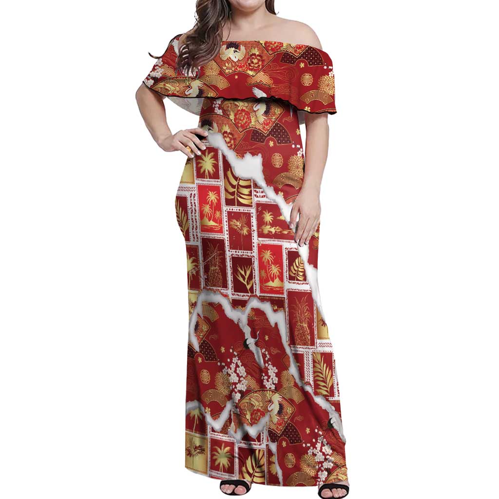 Hawaii Japanese Culture Red Off Shoulder Maxi Dress Spring Cranes Aloha Pattern LT01 Women Red - Polynesian Pride