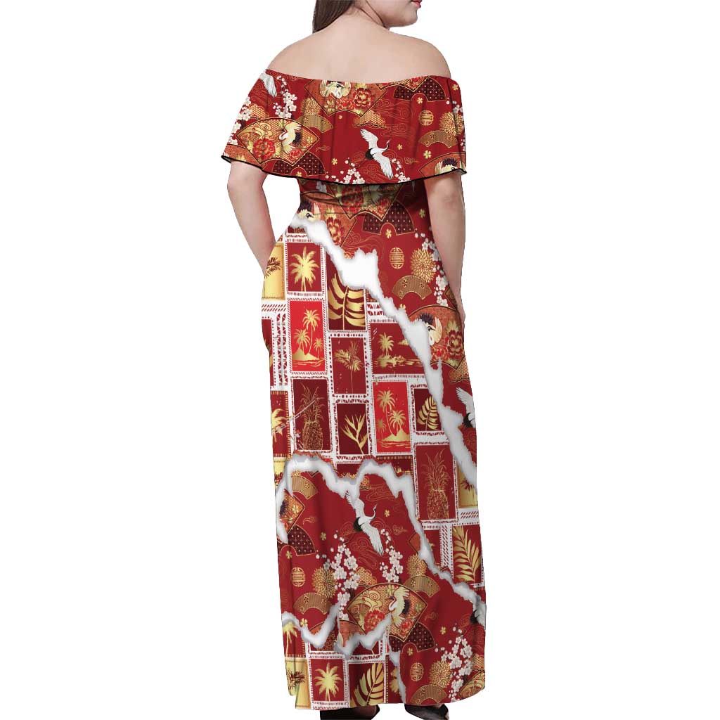 Hawaii Japanese Culture Red Off Shoulder Maxi Dress Spring Cranes Aloha Pattern LT01 - Polynesian Pride