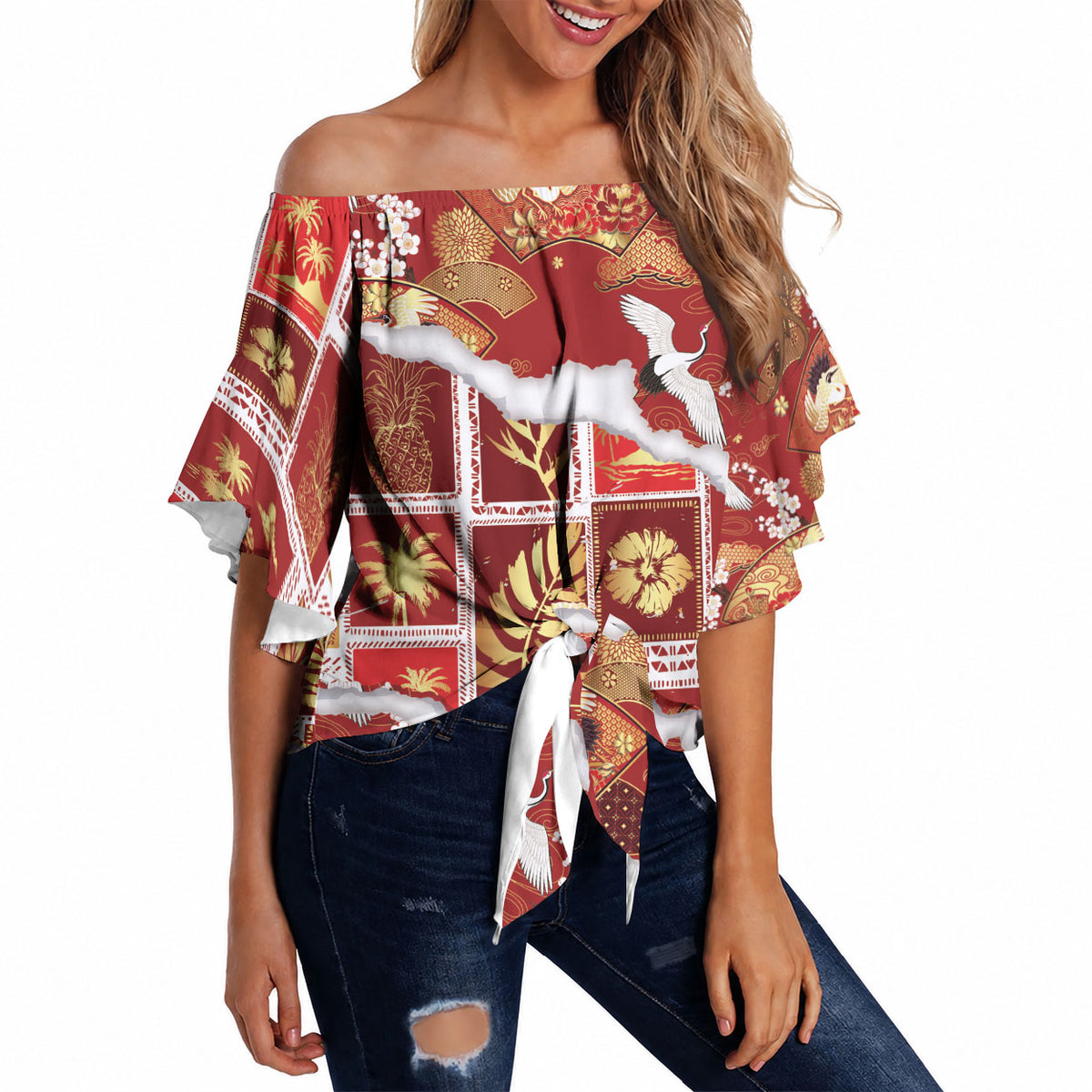 Hawaii Japanese Culture Red Off Shoulder Wrap Waist Top Spring Cranes Aloha Pattern LT01 - Polynesian Pride