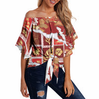 Hawaii Japanese Culture Red Off Shoulder Wrap Waist Top Spring Cranes Aloha Pattern LT01 - Polynesian Pride
