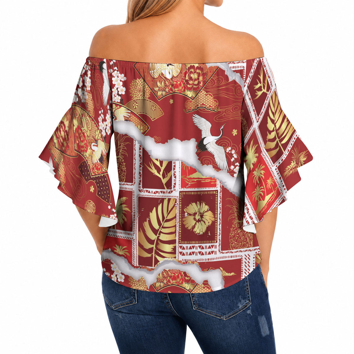 Hawaii Japanese Culture Red Off Shoulder Wrap Waist Top Spring Cranes Aloha Pattern LT01 - Polynesian Pride