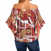 Hawaii Japanese Culture Red Off Shoulder Wrap Waist Top Spring Cranes Aloha Pattern LT01 - Polynesian Pride