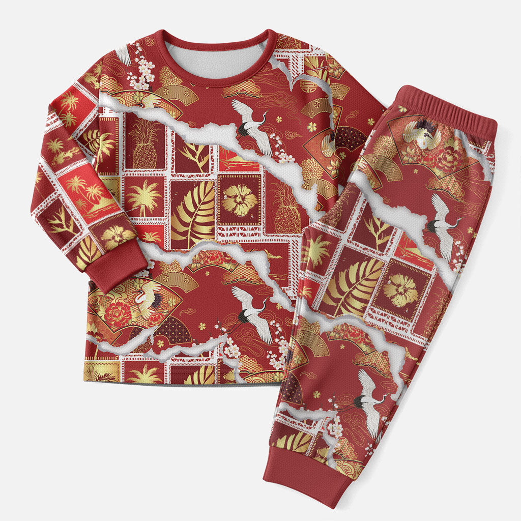 Hawaii Japanese Culture Red Christmas Pajama Set Spring Cranes Aloha Pattern LT01 Men Red - Polynesian Pride