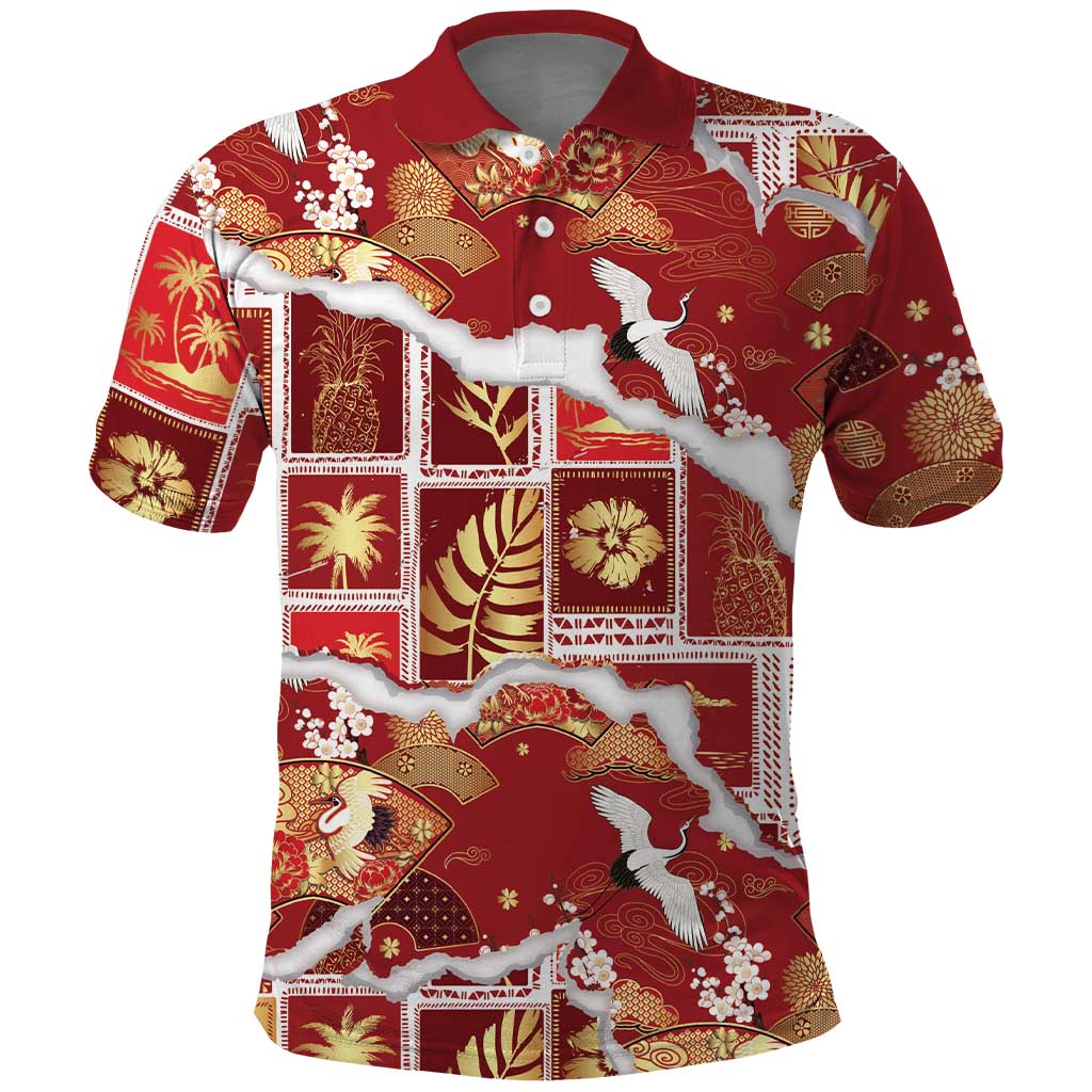 Hawaii Japanese Culture Red Polo Shirt Spring Cranes Aloha Pattern LT01 Red - Polynesian Pride