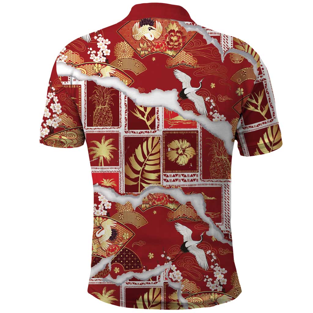 Hawaii Japanese Culture Red Polo Shirt Spring Cranes Aloha Pattern LT01 - Polynesian Pride