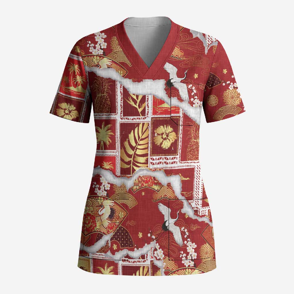 Hawaii Japanese Culture Red Scrub Top Spring Cranes Aloha Pattern