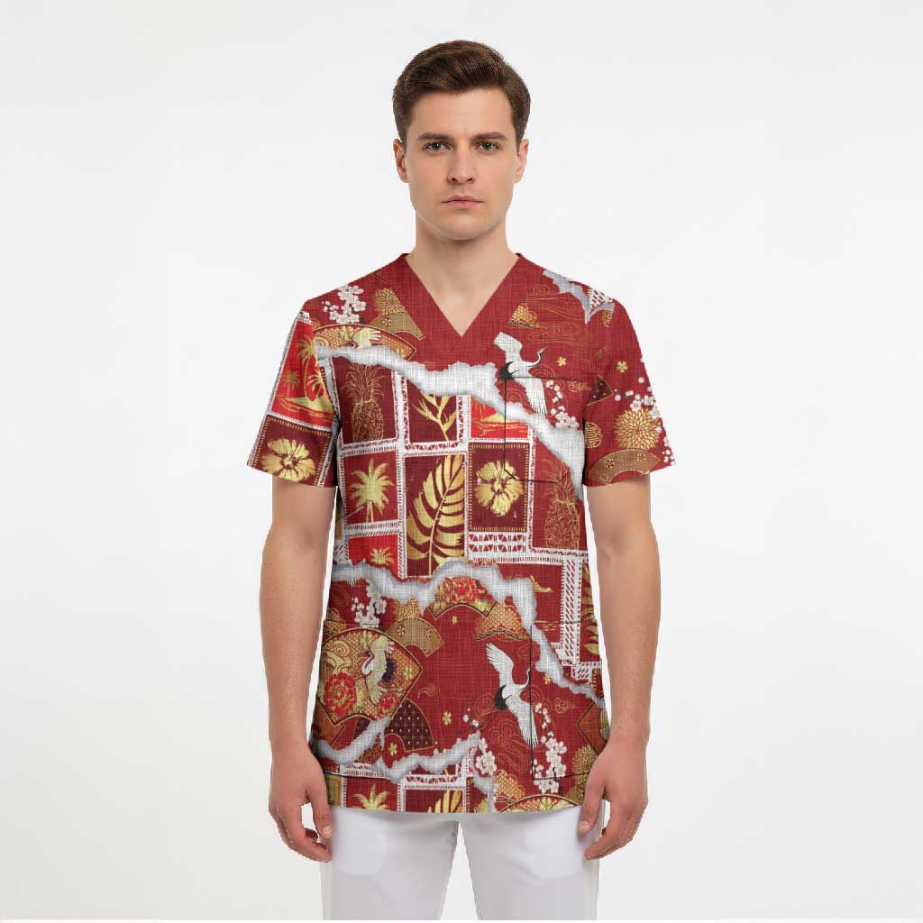 Hawaii Japanese Culture Red Scrub Top Spring Cranes Aloha Pattern