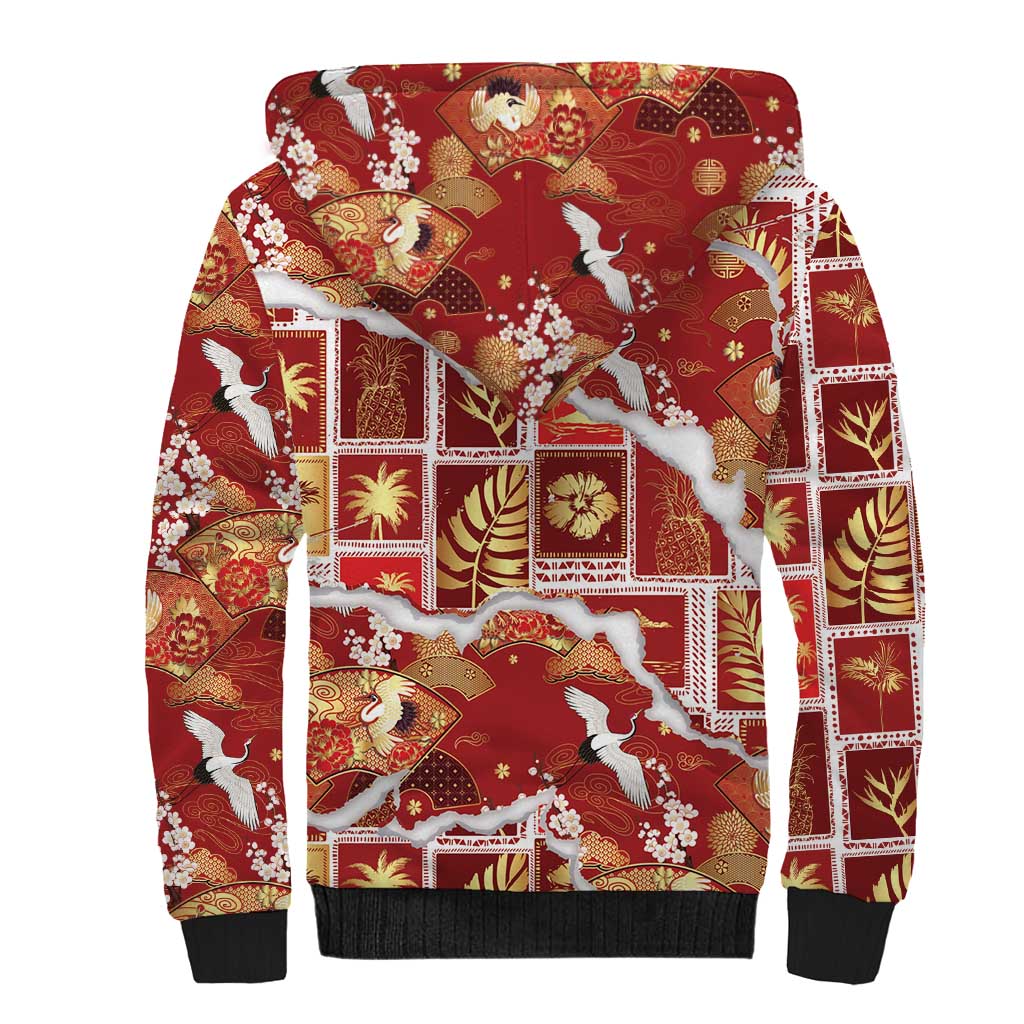 Hawaii Japanese Culture Red Sherpa Hoodie Spring Cranes Aloha Pattern