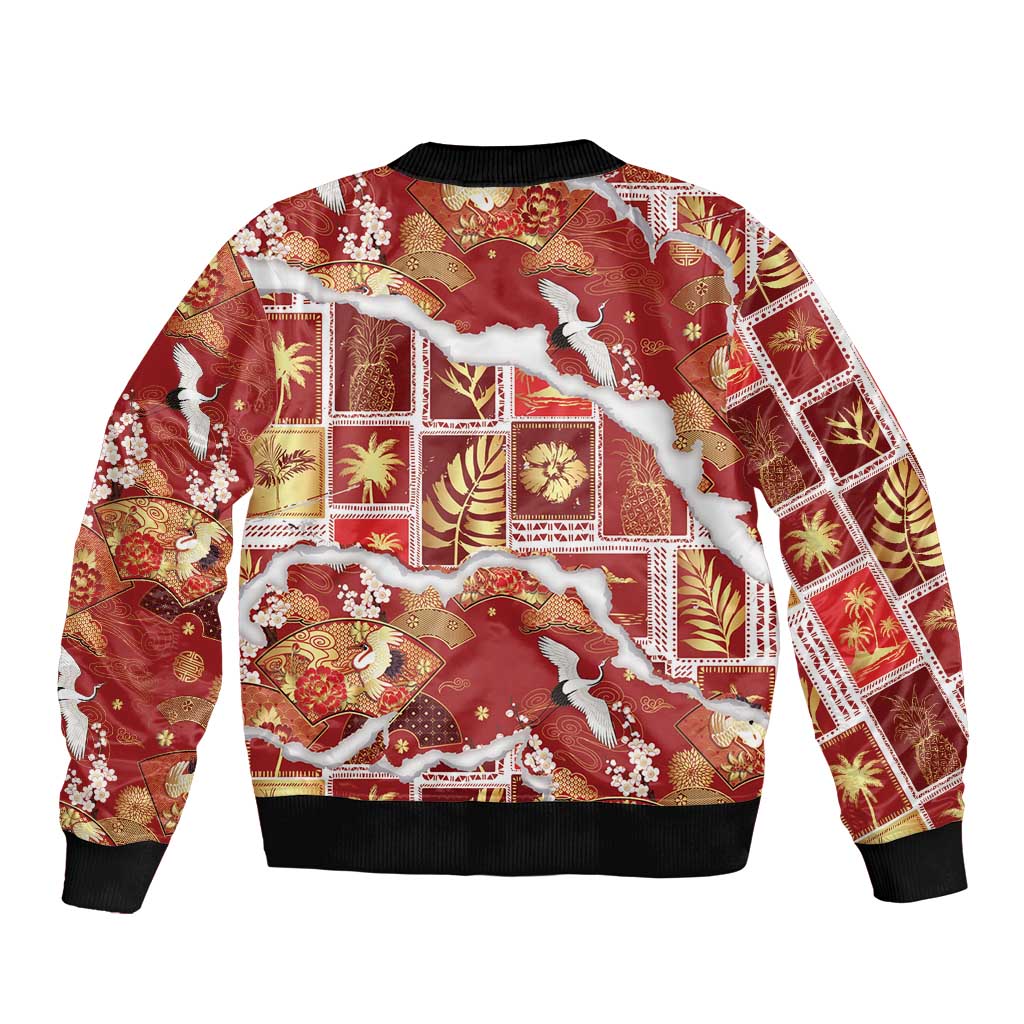 Hawaii Japanese Culture Red Sleeve Zip Bomber Jacket Spring Cranes Aloha Pattern