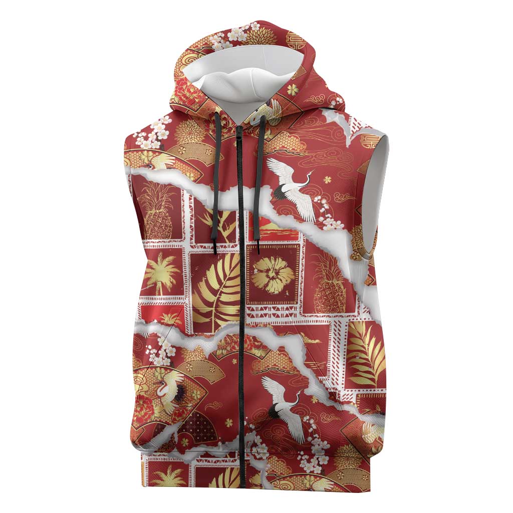Hawaii Japanese Culture Red Sleeveless Zip Hoodie Spring Cranes Aloha Pattern