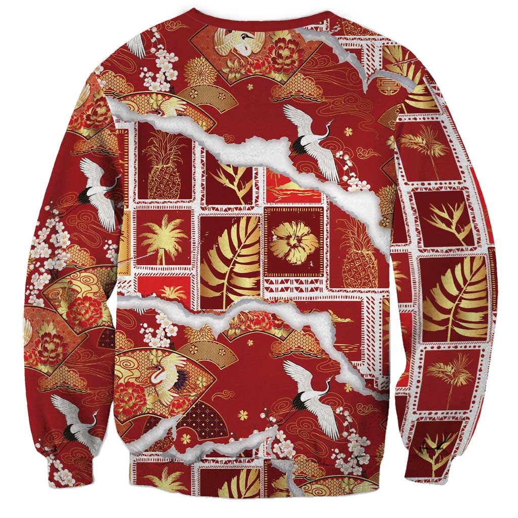 Hawaii Japanese Culture Red Sweatshirt Spring Cranes Aloha Pattern