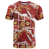 Hawaii Japanese Culture Red T Shirt Spring Cranes Aloha Pattern