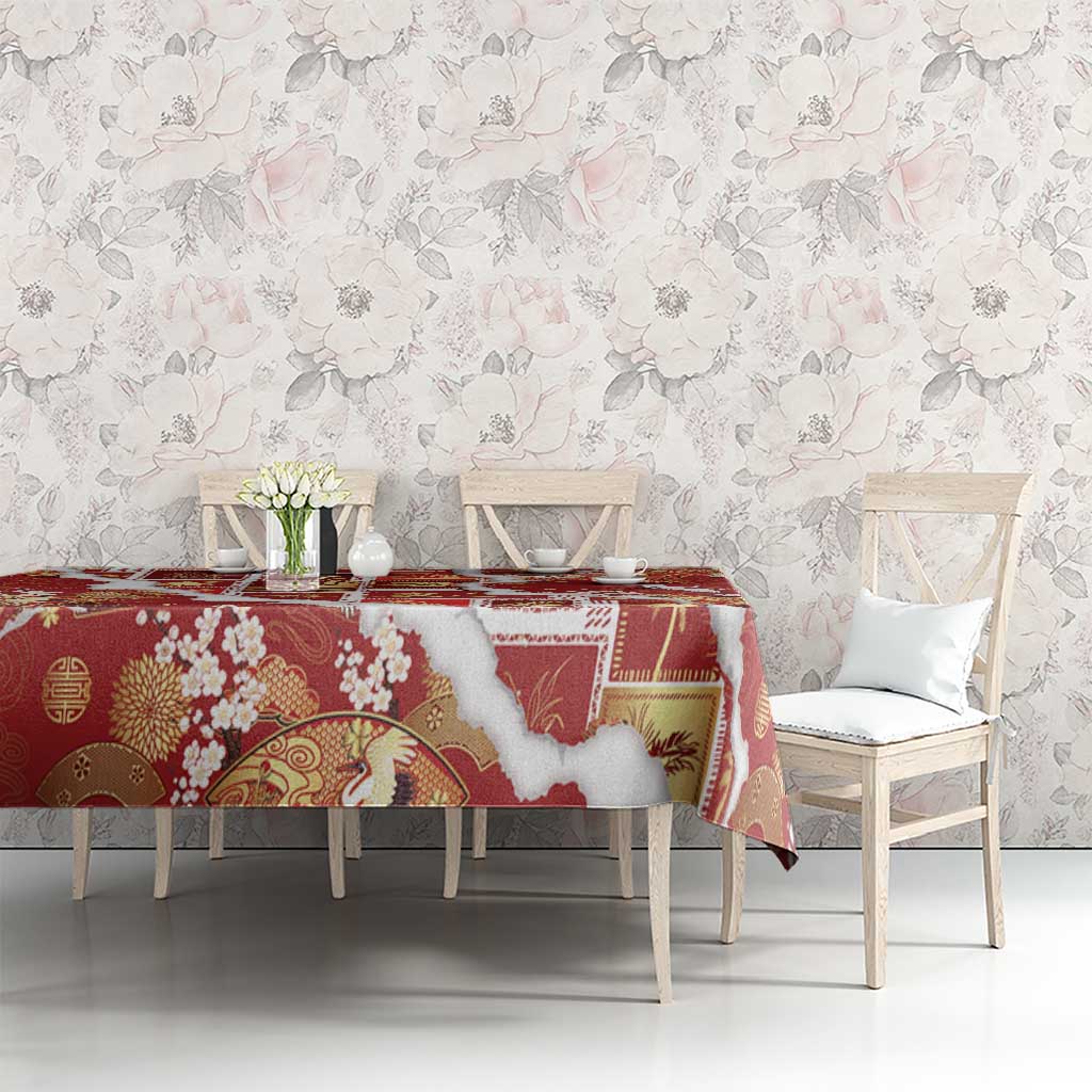 Hawaii Japanese Culture Red Tablecloth Spring Cranes Aloha Pattern