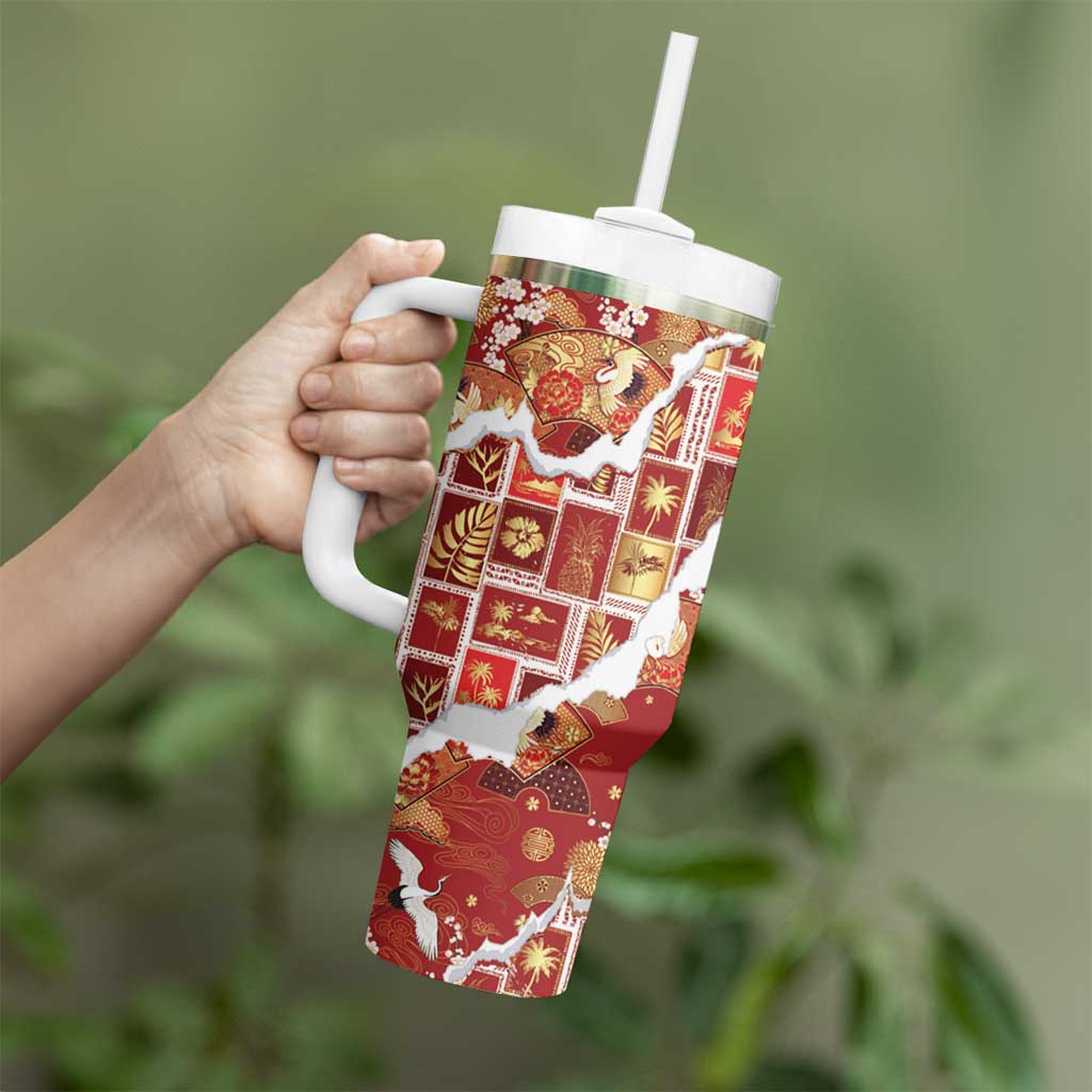 Hawaii Japanese Culture Red Tumbler With Handle Spring Cranes Aloha Pattern LT01 - Polynesian Pride