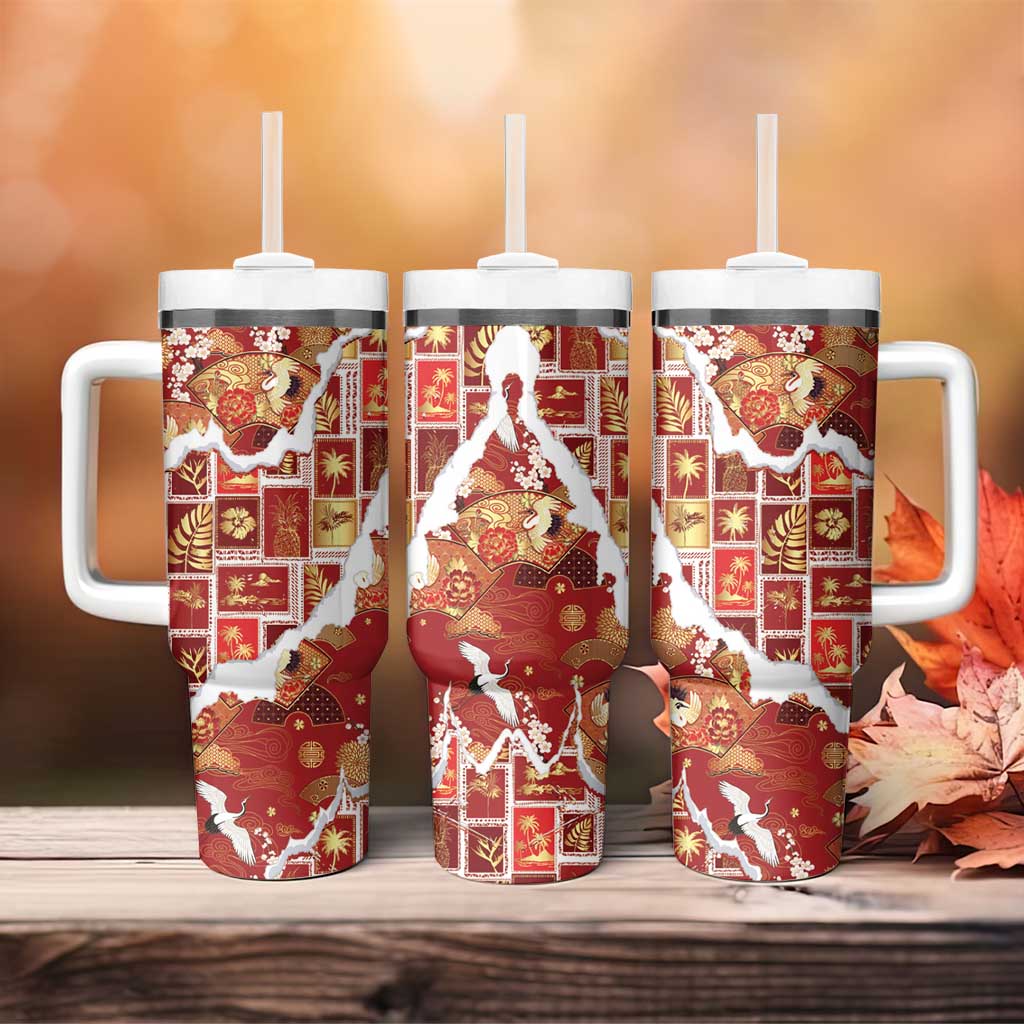 Hawaii Japanese Culture Red Tumbler With Handle Spring Cranes Aloha Pattern LT01 - Polynesian Pride