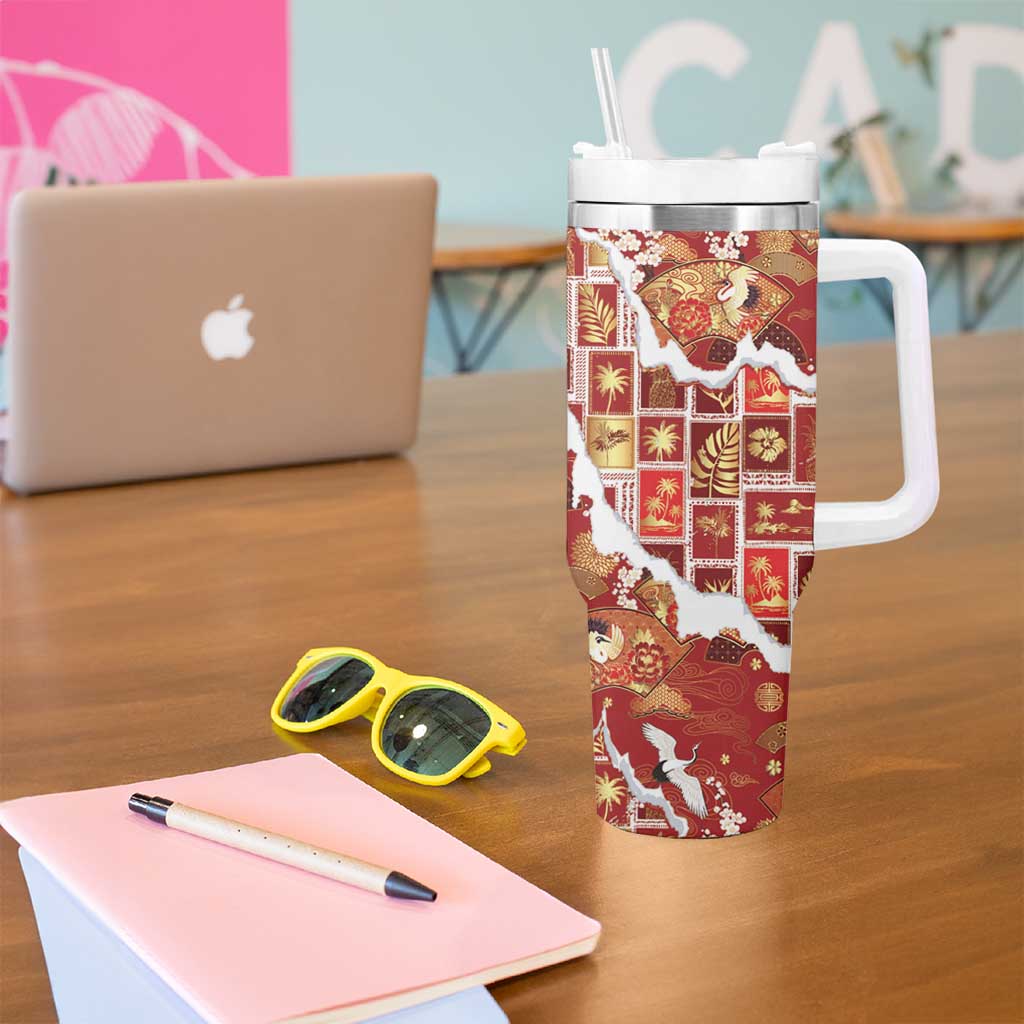 Hawaii Japanese Culture Red Tumbler With Handle Spring Cranes Aloha Pattern LT01 - Polynesian Pride