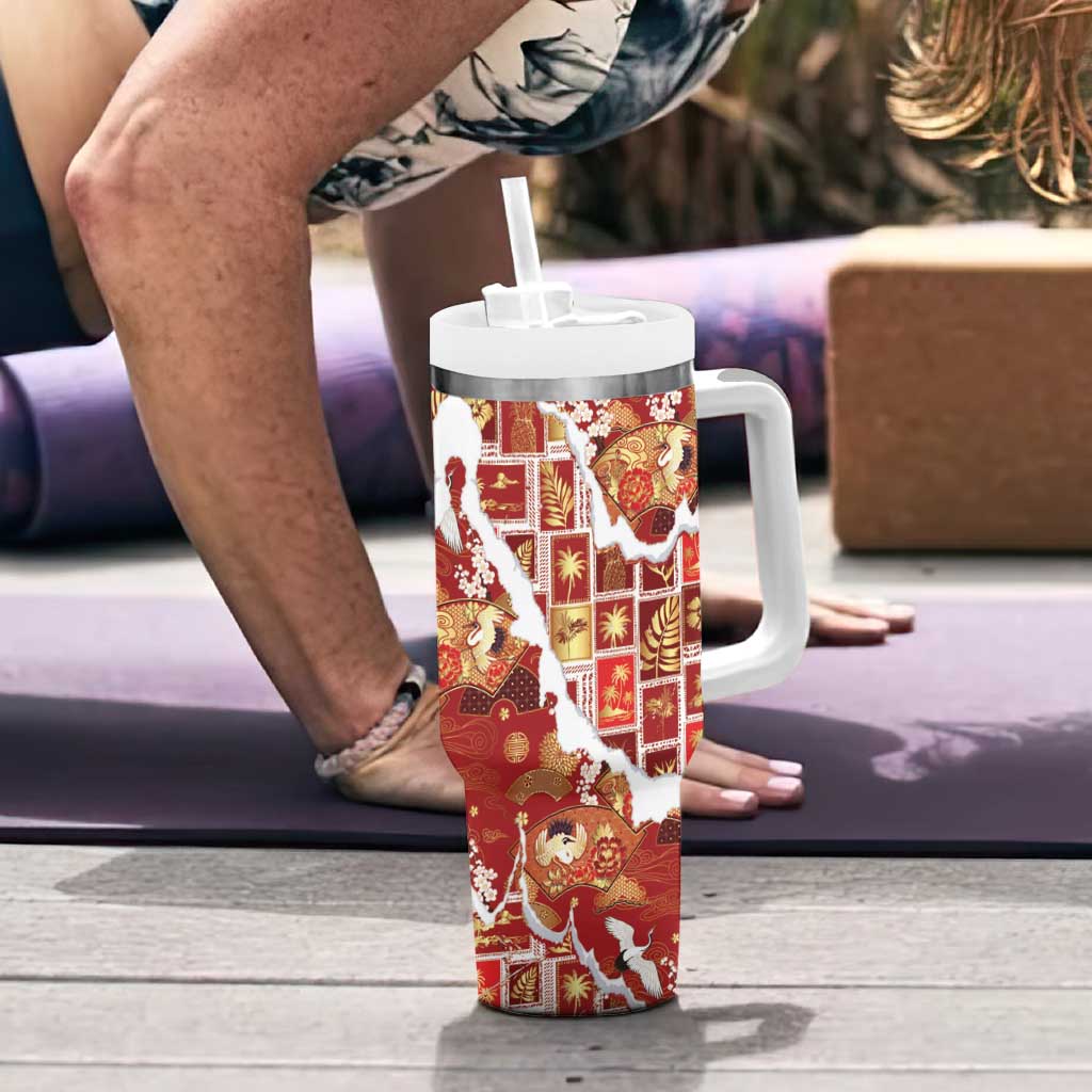Hawaii Japanese Culture Red Tumbler With Handle Spring Cranes Aloha Pattern LT01 - Polynesian Pride