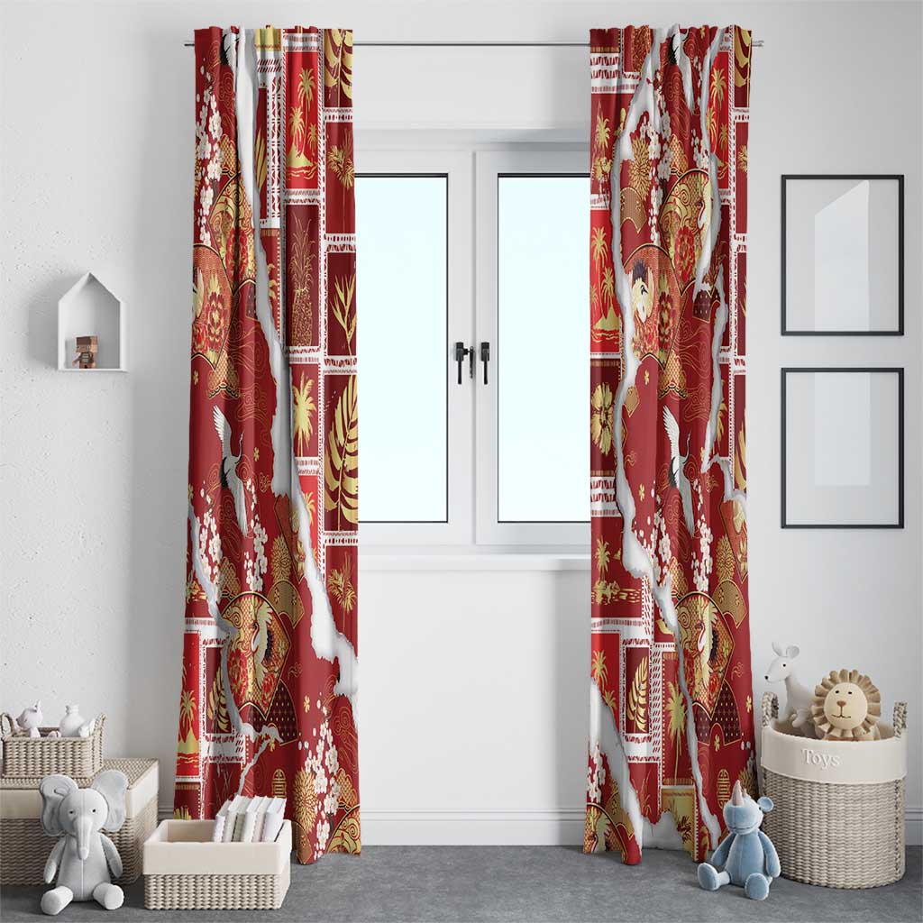 Hawaii Japanese Culture Red Window Curtain Spring Cranes Aloha Pattern