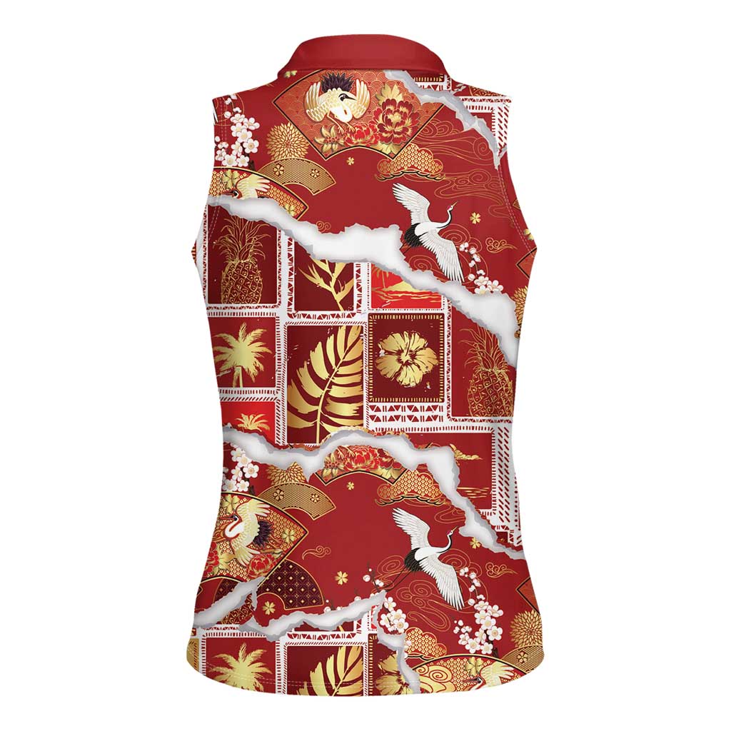 Hawaii Japanese Culture Red Women Sleeveless Polo Shirt Spring Cranes Aloha Pattern