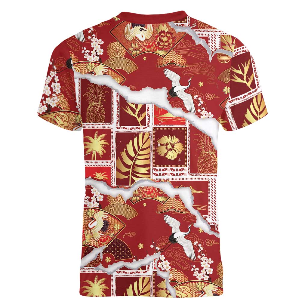 Hawaii Japanese Culture Red Women V-Neck T-Shirt Spring Cranes Aloha Pattern