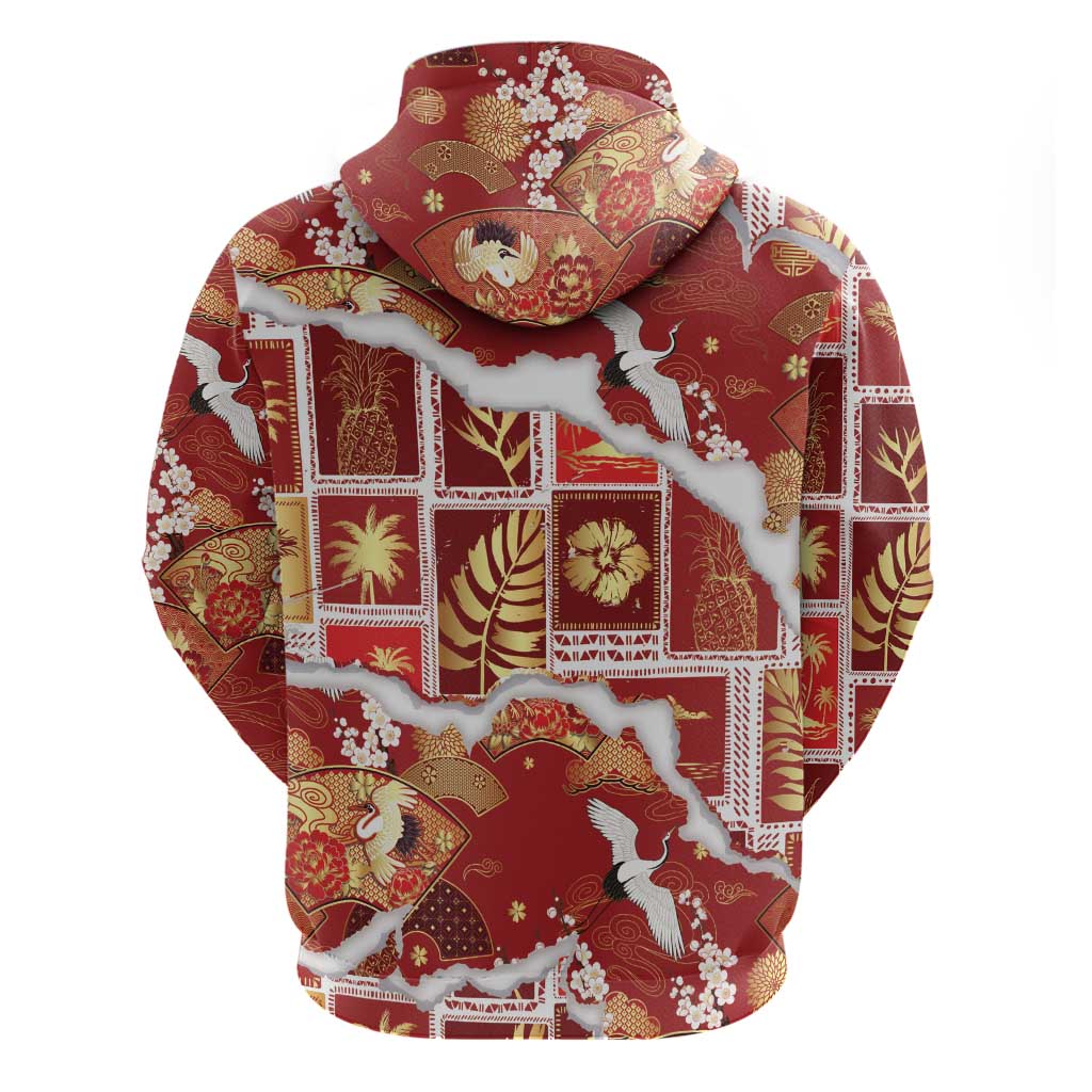 Hawaii Japanese Culture Red Zip Hoodie Spring Cranes Aloha Pattern