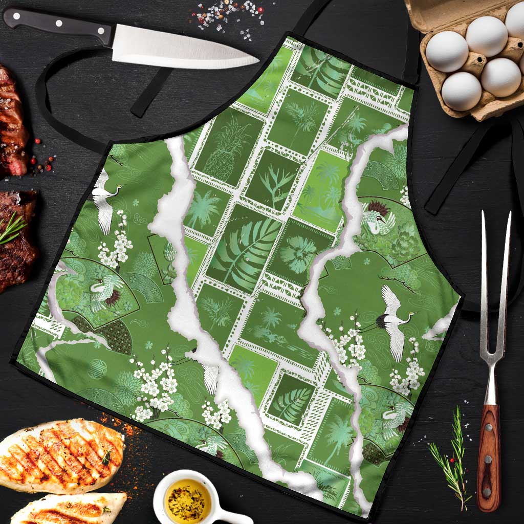 Hawaii Japanese Culture Sage Green Apron Spring Cranes Aloha Pattern