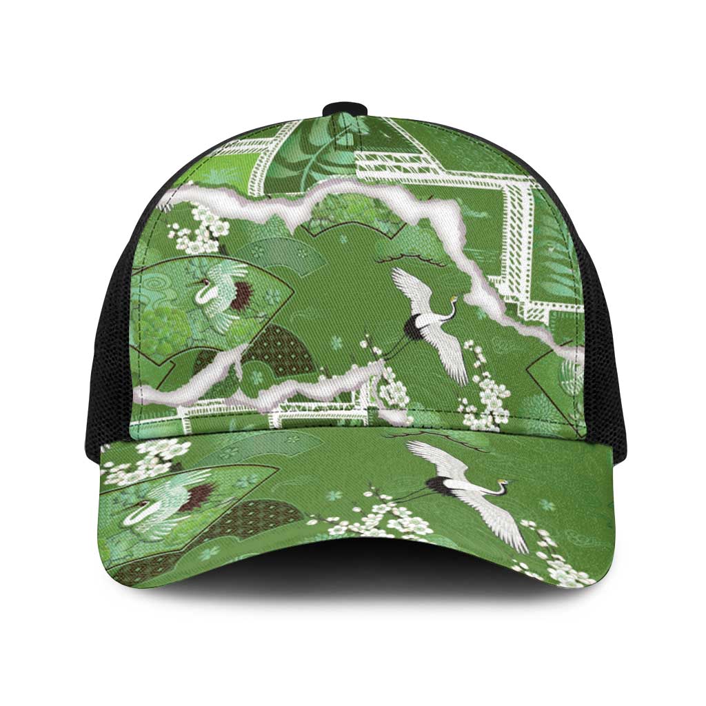 Hawaii Japanese Culture Sage Green Baseball Net Cap Spring Cranes Aloha Pattern