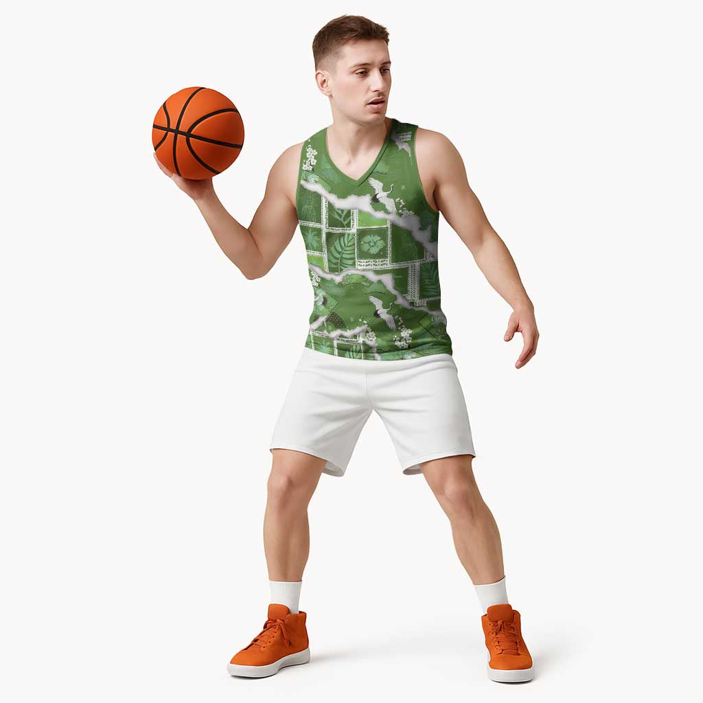 Hawaii Japanese Culture Sage Green Basketball Jersey Spring Cranes Aloha Pattern