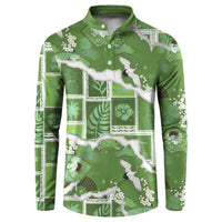 Hawaii Japanese Culture Sage Green Button Sweatshirt Spring Cranes Aloha Pattern