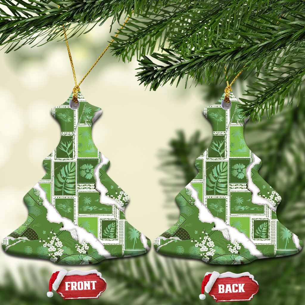 Hawaii Japanese Culture Sage Green Ceramic Ornament Spring Cranes Aloha Pattern LT01 Christmas Tree Sage - Polynesian Pride
