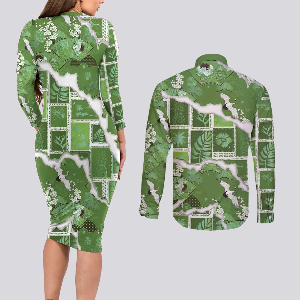 Hawaii Japanese Culture Sage Green Couples Matching Long Sleeve Bodycon Dress and Long Sleeve Button Shirt Spring Cranes Aloha Pattern LT01 - Polynesian Pride