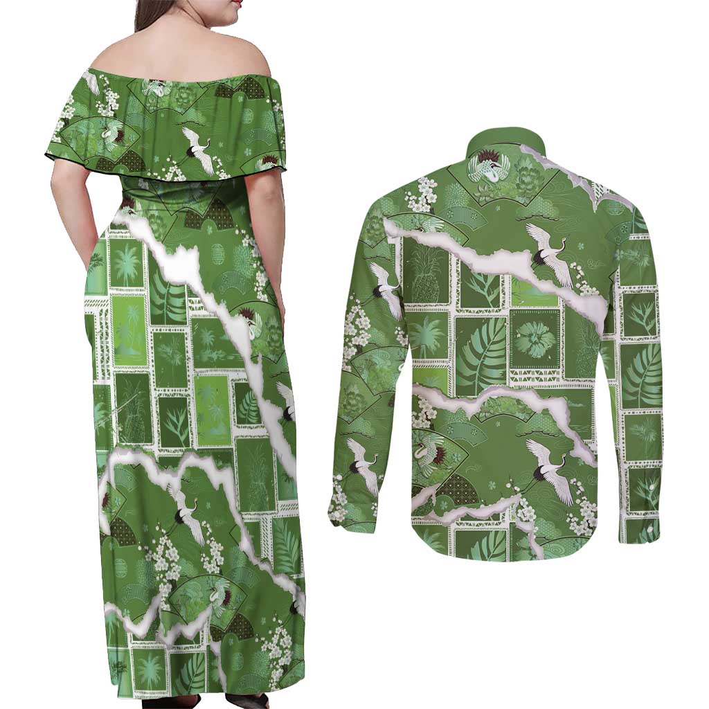 Hawaii Japanese Culture Sage Green Couples Matching Off Shoulder Maxi Dress and Long Sleeve Button Shirt Spring Cranes Aloha Pattern