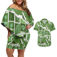 Hawaii Japanese Culture Sage Green Couples Matching Off Shoulder Short Dress and Hawaiian Shirt Spring Cranes Aloha Pattern LT01 Sage - Polynesian Pride