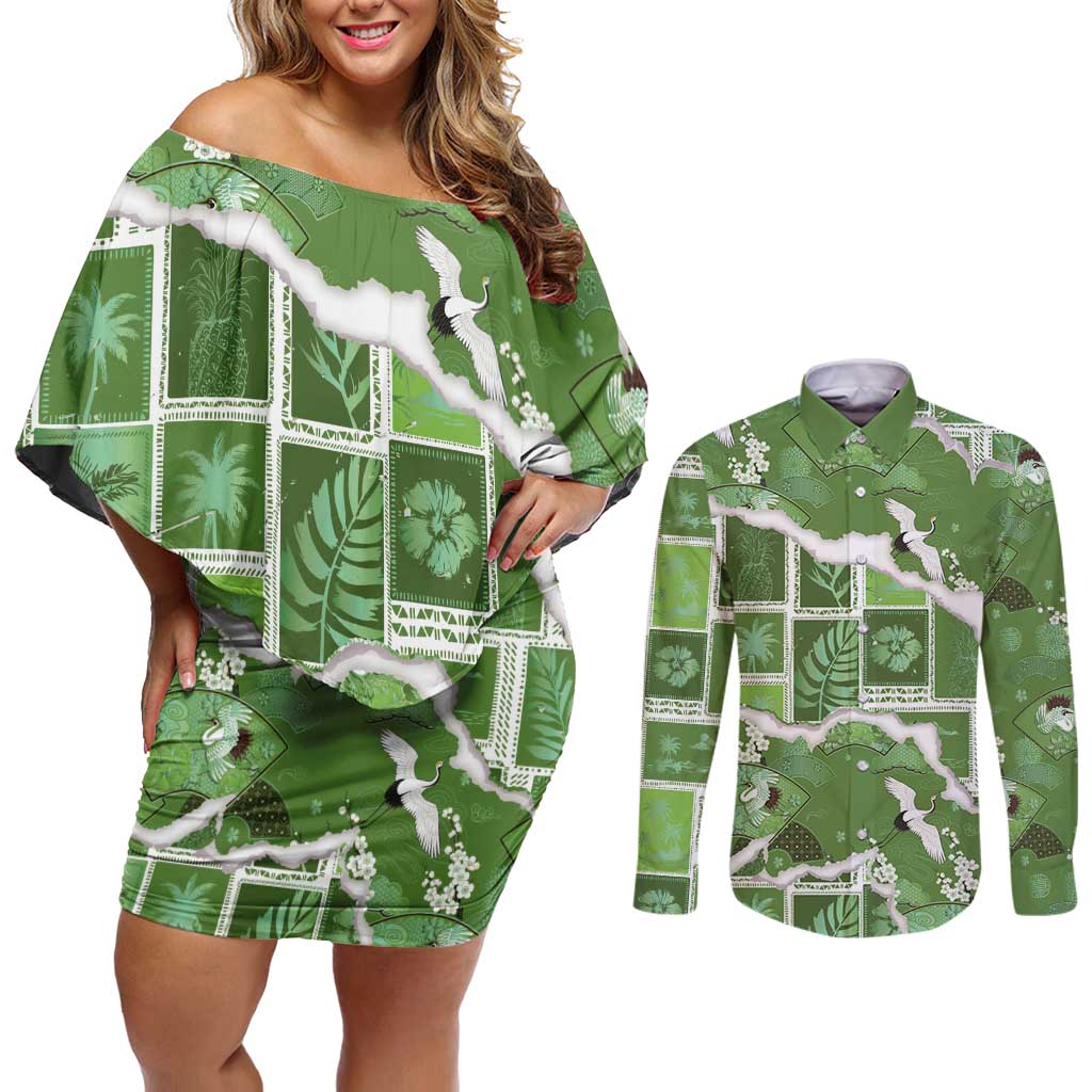 Hawaii Japanese Culture Sage Green Couples Matching Off Shoulder Short Dress and Long Sleeve Button Shirt Spring Cranes Aloha Pattern