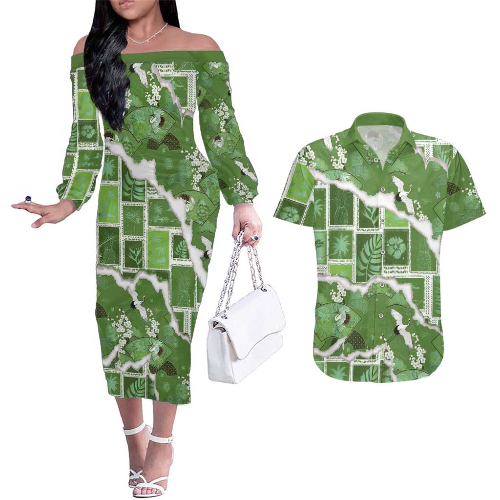 Hawaii Japanese Culture Sage Green Couples Matching Off The Shoulder Long Sleeve Dress and Hawaiian Shirt Spring Cranes Aloha Pattern LT01 Sage - Polynesian Pride