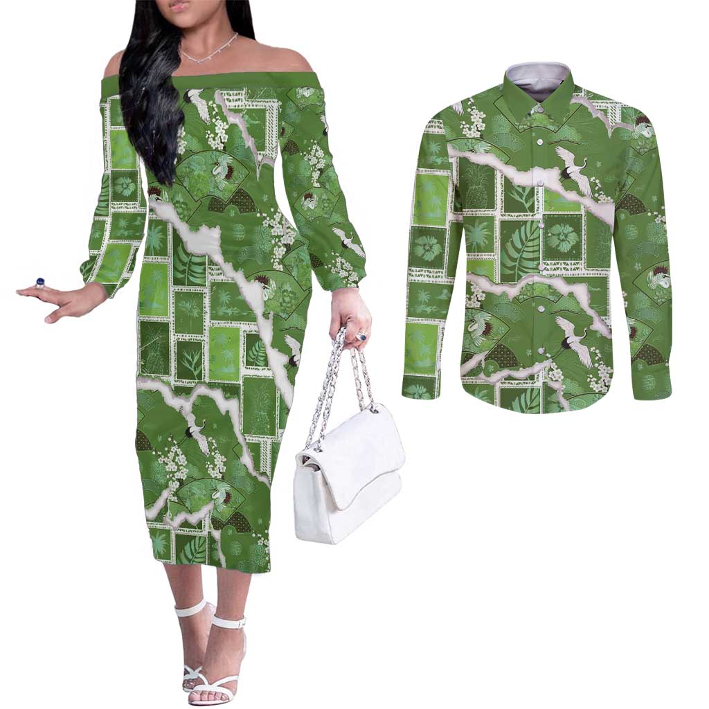 Hawaii Japanese Culture Sage Green Couples Matching Off The Shoulder Long Sleeve Dress and Long Sleeve Button Shirt Spring Cranes Aloha Pattern LT01 Sage - Polynesian Pride