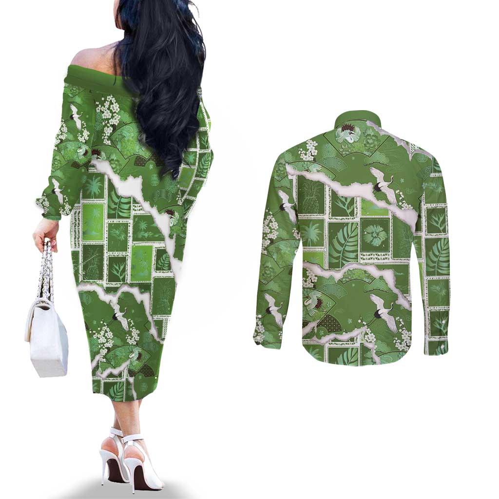 Hawaii Japanese Culture Sage Green Couples Matching Off The Shoulder Long Sleeve Dress and Long Sleeve Button Shirt Spring Cranes Aloha Pattern LT01 - Polynesian Pride