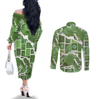 Hawaii Japanese Culture Sage Green Couples Matching Off The Shoulder Long Sleeve Dress and Long Sleeve Button Shirt Spring Cranes Aloha Pattern LT01 - Polynesian Pride