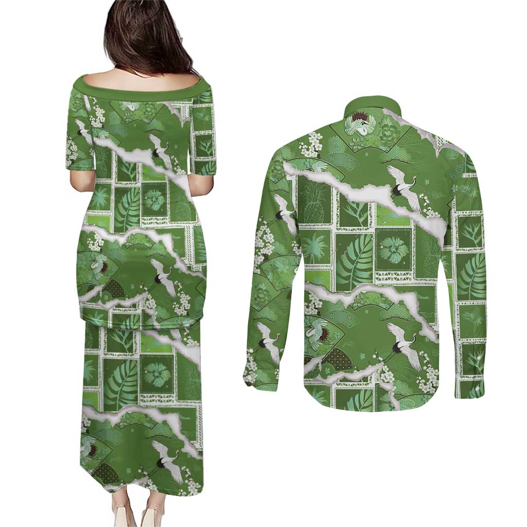 Hawaii Japanese Culture Sage Green Couples Matching Puletasi and Long Sleeve Button Shirt Spring Cranes Aloha Pattern LT01 - Polynesian Pride