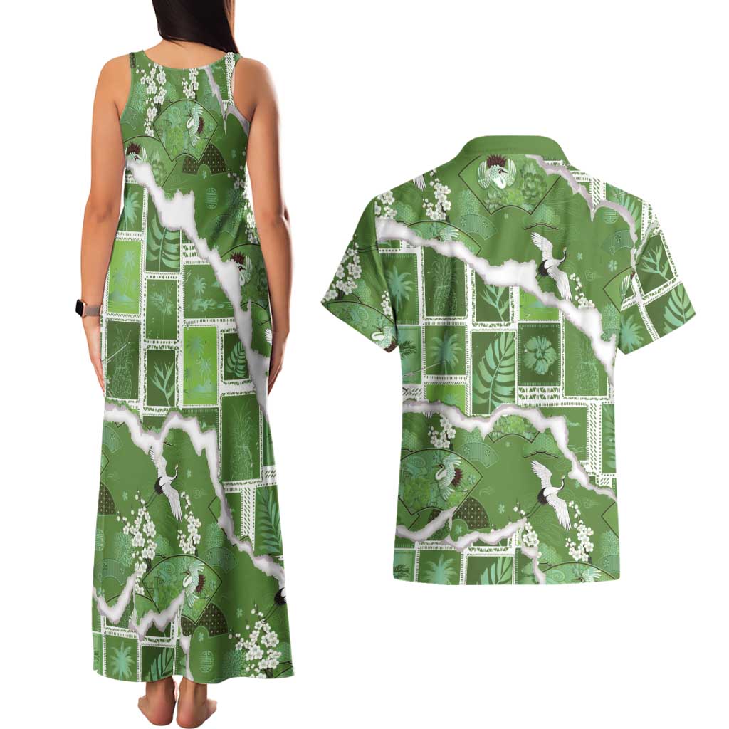 Hawaii Japanese Culture Sage Green Couples Matching Tank Maxi Dress and Hawaiian Shirt Spring Cranes Aloha Pattern LT01 - Polynesian Pride