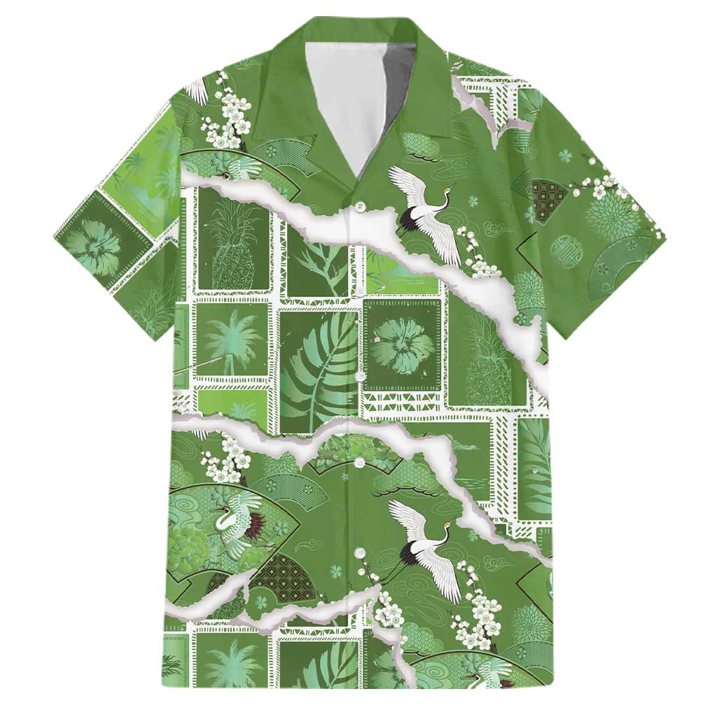 Hawaii Japanese Culture Sage Green Family Matching Long Sleeve Bodycon Dress and Hawaiian Shirt Spring Cranes Aloha Pattern LT01 Dad's Shirt - Short Sleeve Sage - Polynesian Pride