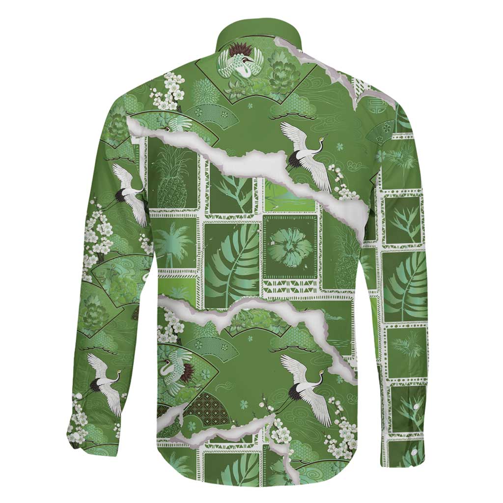 Hawaii Japanese Culture Sage Green Family Matching Mermaid Dress and Hawaiian Shirt Spring Cranes Aloha Pattern LT01 - Polynesian Pride