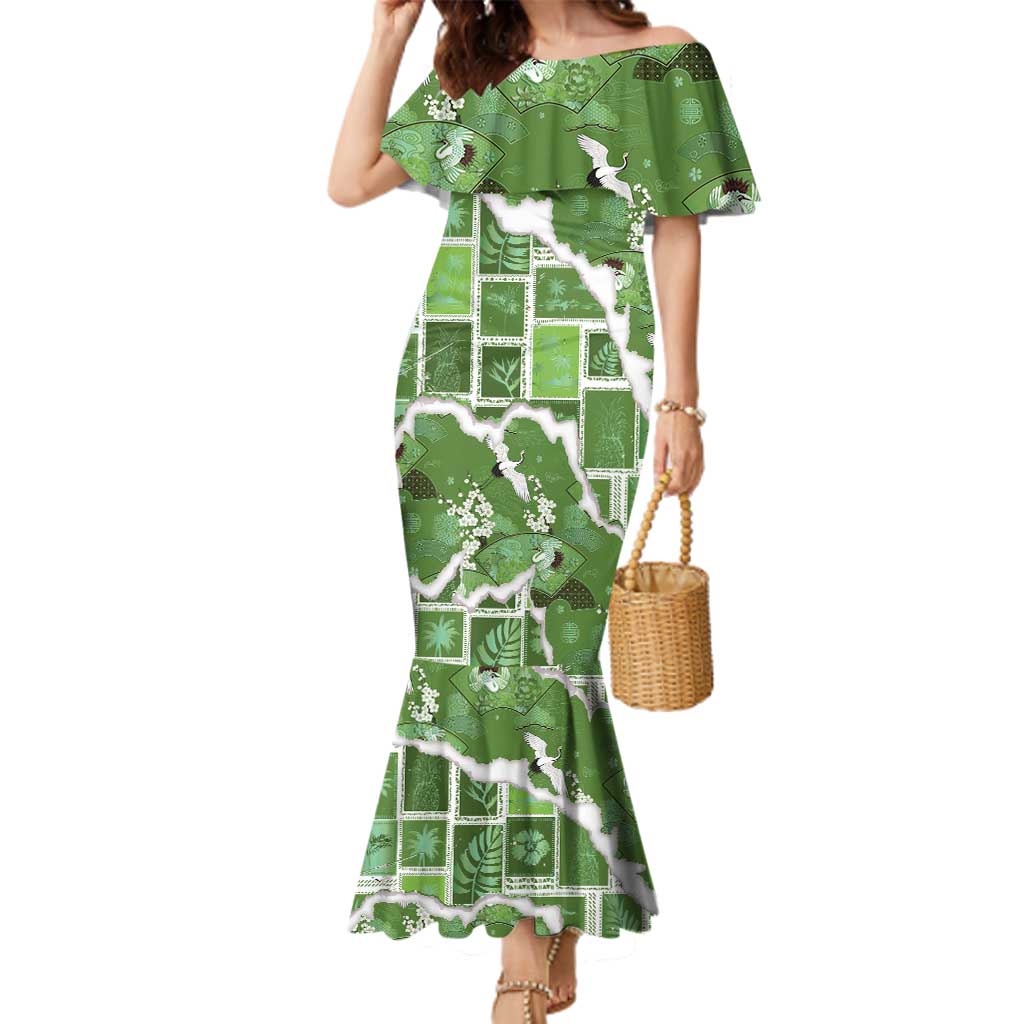 Hawaii Japanese Culture Sage Green Family Matching Mermaid Dress and Hawaiian Shirt Spring Cranes Aloha Pattern LT01 Mom's Dress Sage - Polynesian Pride