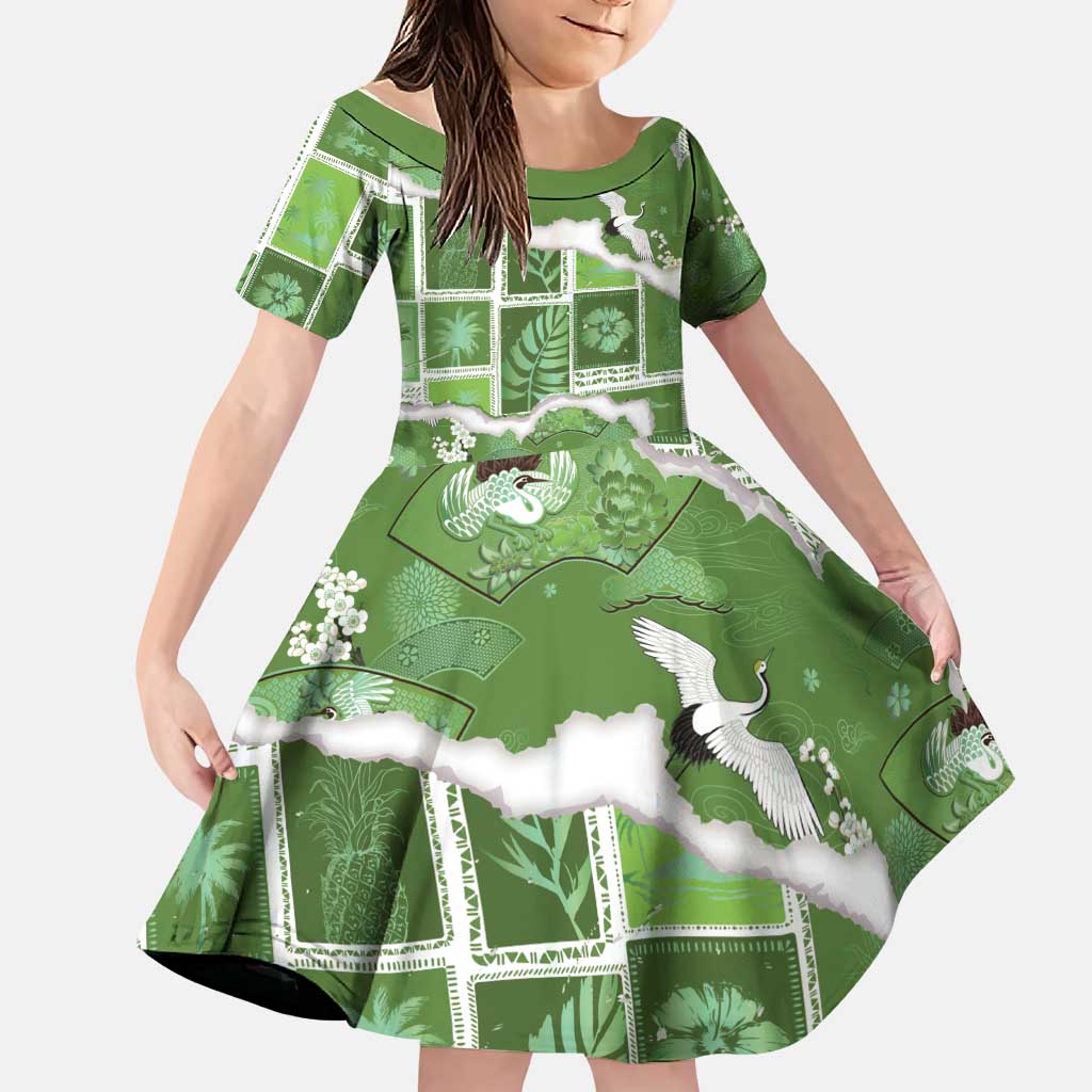 Hawaii Japanese Culture Sage Green Family Matching Off Shoulder Maxi Dress and Hawaiian Shirt Spring Cranes Aloha Pattern LT01 Daughter's Dress Sage - Polynesian Pride