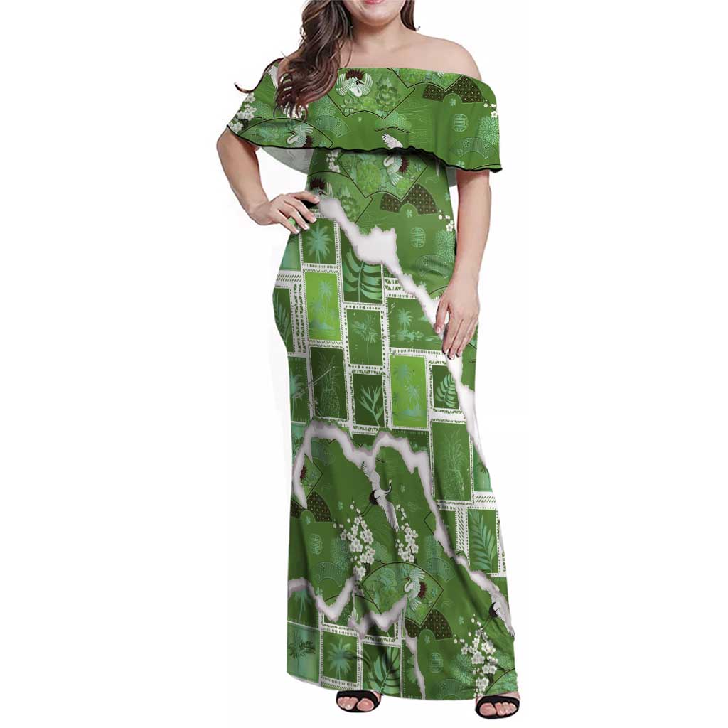 Hawaii Japanese Culture Sage Green Family Matching Off Shoulder Maxi Dress and Hawaiian Shirt Spring Cranes Aloha Pattern LT01 Mom's Dress Sage - Polynesian Pride