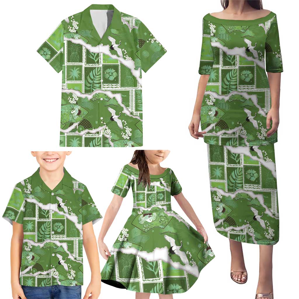Hawaii Japanese Culture Sage Green Family Matching Puletasi and Hawaiian Shirt Spring Cranes Aloha Pattern