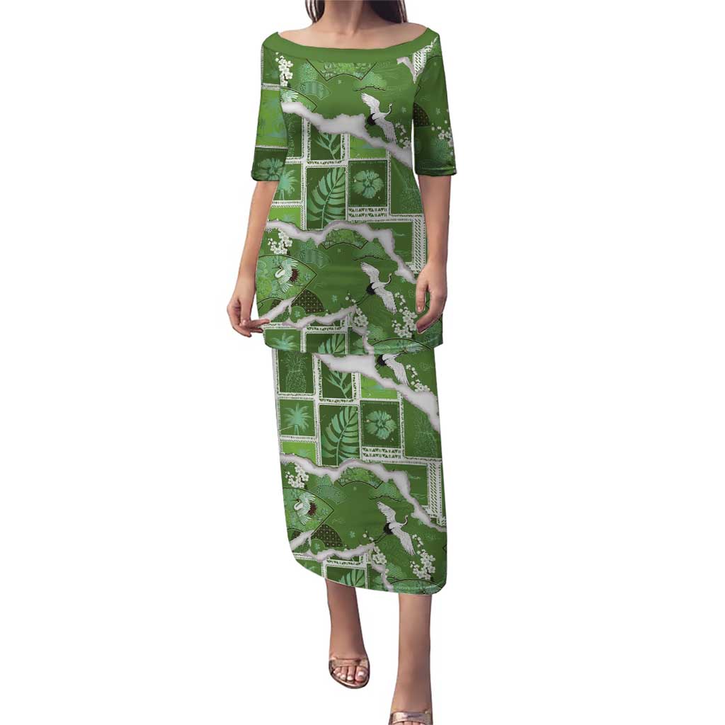 Hawaii Japanese Culture Sage Green Family Matching Puletasi and Hawaiian Shirt Spring Cranes Aloha Pattern LT01 Mom's Dress Sage - Polynesian Pride