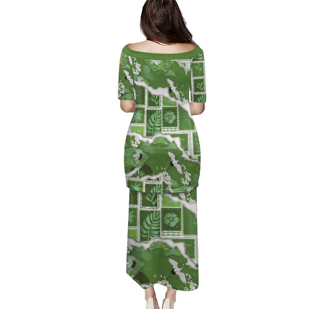Hawaii Japanese Culture Sage Green Family Matching Puletasi and Hawaiian Shirt Spring Cranes Aloha Pattern LT01 - Polynesian Pride