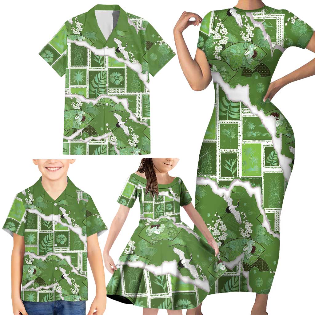 Hawaii Japanese Culture Sage Green Family Matching Short Sleeve Bodycon Dress and Hawaiian Shirt Spring Cranes Aloha Pattern LT01 - Polynesian Pride
